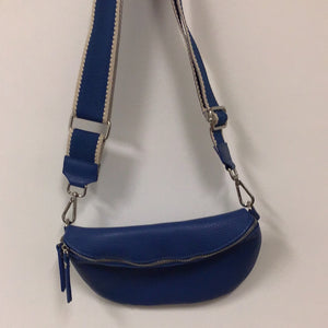 Cross body bag blue leather blue tan strap