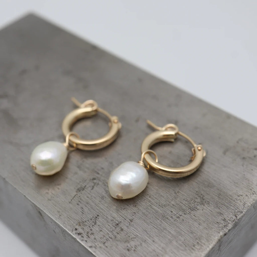 Orange Avocado Baroque Pearl and Petite Mod Gold Earrings