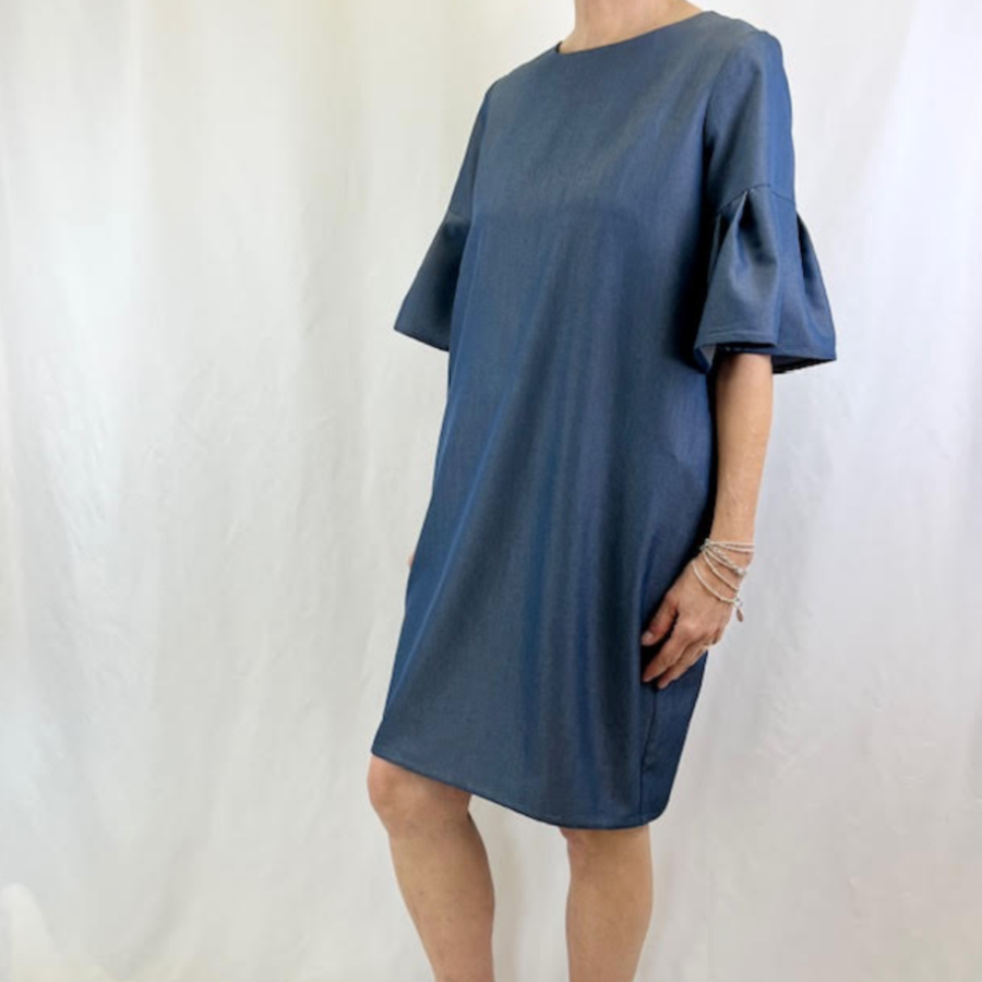 Ina Dress Pleated Sleeve Denim Suiting Blue